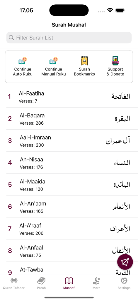 Tafheem ul Quran Urdu - The Surah Mushaf list screen in the Tafheem ul Quran Urdu app showing Quran chapters with English and Arabic titles.