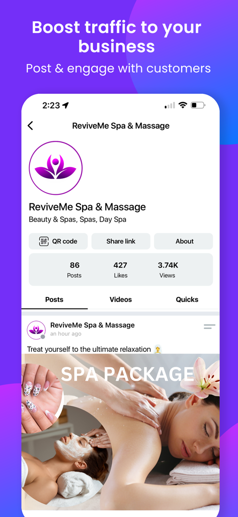 Netbinc: Social, Videos, Chat - A business profile page on the Netbinc app for a spa featuring posts engagement stats and marketing tools