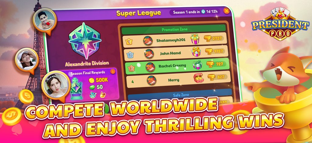 President Pro ZingPlay - Tabla de clasificación de la Superliga en President Pro ZingPlay que muestra los rankings de jugadores y las recompensas de la División de Alejandrita.