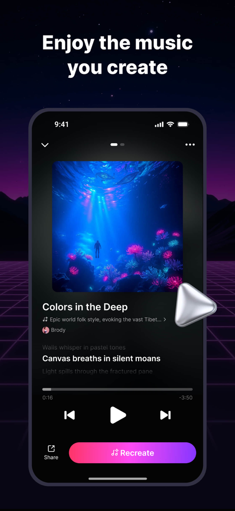 Interface do Tad AI Music Generator mostrando um reprodutor de música para uma música intitulada Colors in the Deep com letras e um botão Recriar