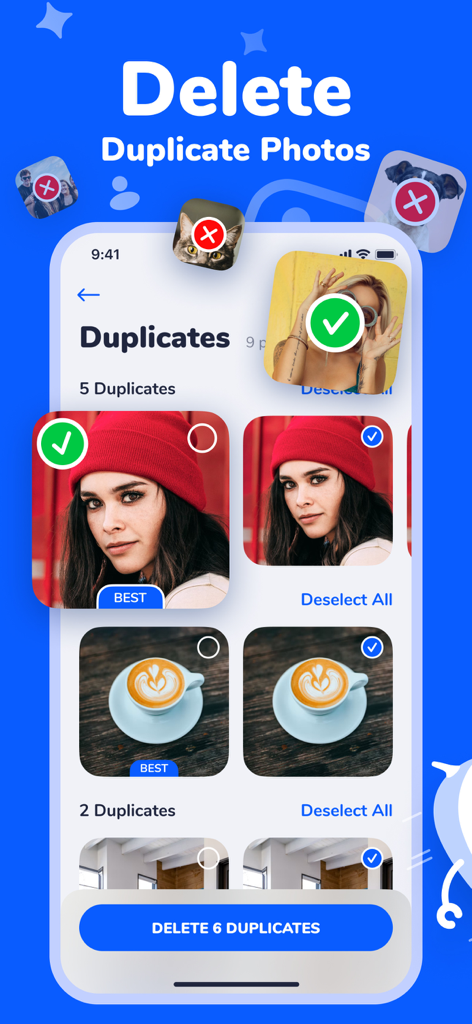 Smart Cleaner・Storage Clean Up - Interface of Smart Cleaner app showing duplicate photo detection and removal on iPhone