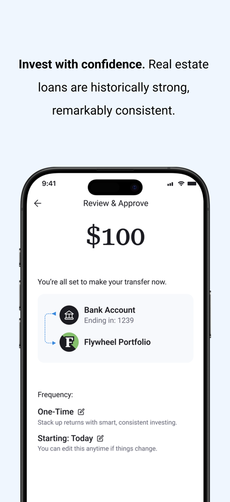 Groundfloor: Invest In Homes - A mobile app screen showing a review of a 100 dollar investment transfer from a bank account to a real estate flywheel portfolio.