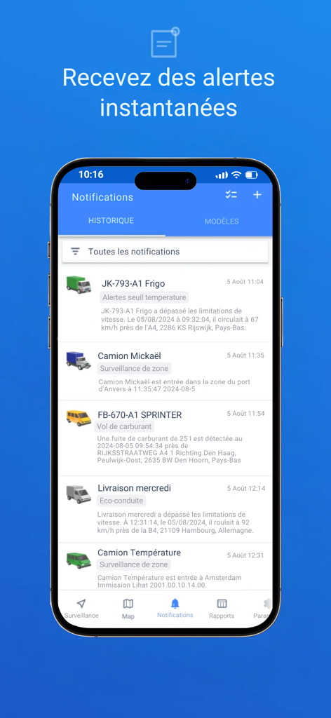 Geoweb.2 Tracking - Pantalla de notificaciones de la aplicación Geoweb.2 Tracking que muestra alertas de flota en tiempo real y vigilancia de vehículos en un iPhone