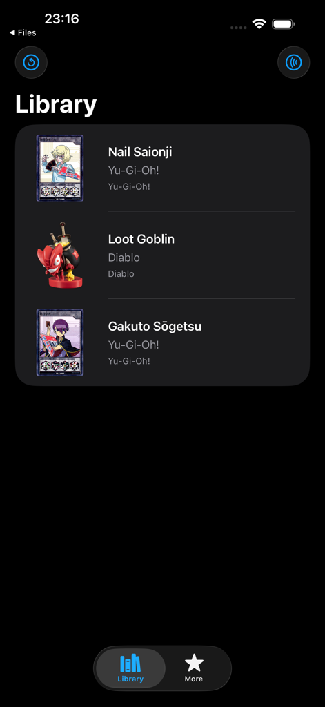 Amiibomb - NFC Tool for Amiibo - The library interface of the Amiibomb app displaying a list of digital Amiibo cards for games like Yu-Gi-Oh and Diablo