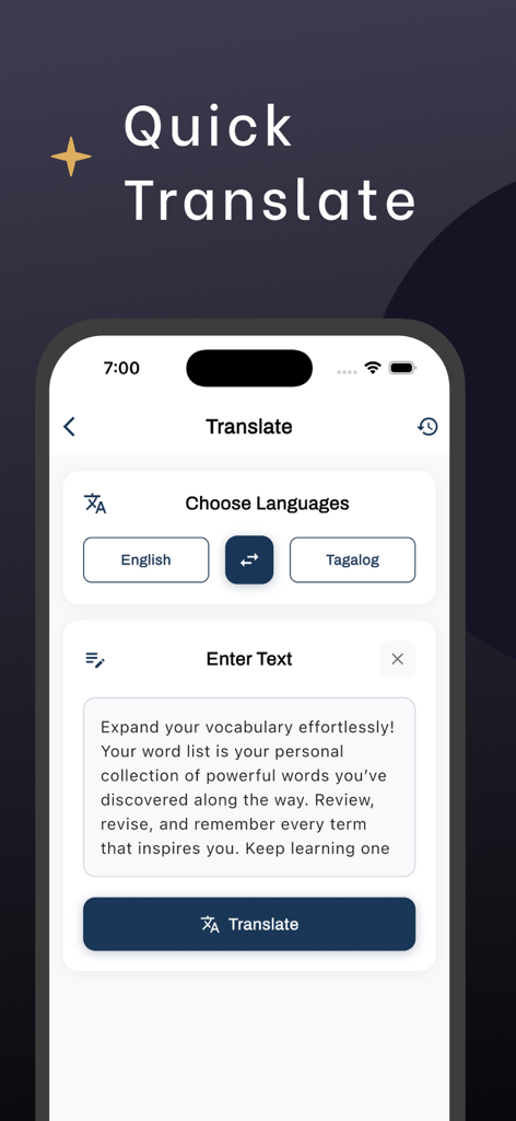 English Tagalog Translator - Quick Translate interface of the English Tagalog Translator app showing language selection and text input