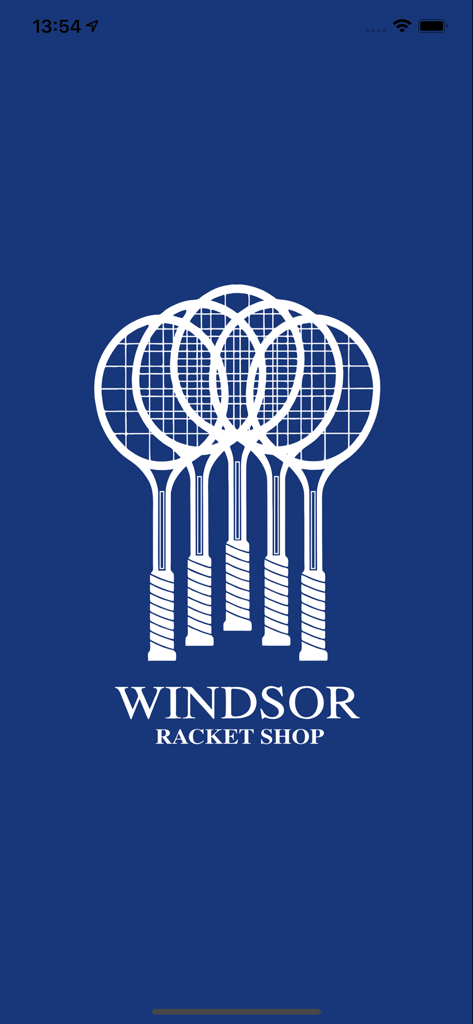 Windsor Racket Shop app splash screen with the official white racket logo on a blue background