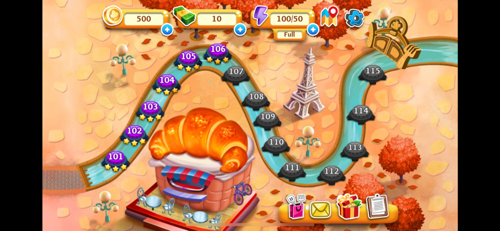 Cooking Tale - Food Games - Game map showing level progression in a Paris themed bakery area with the Eiffel Tower