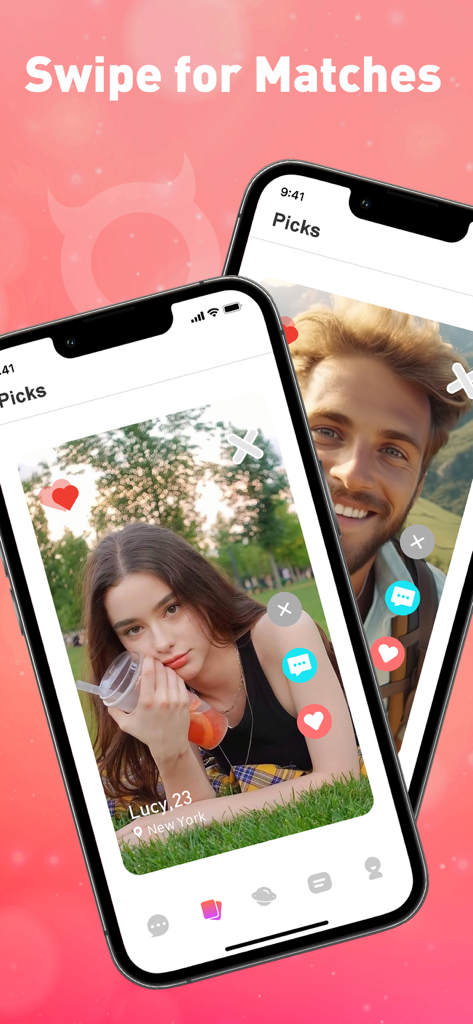 Interfaz de la aplicación de citas HMU mostrando perfiles de usuario y la función de deslizar para hacer match
