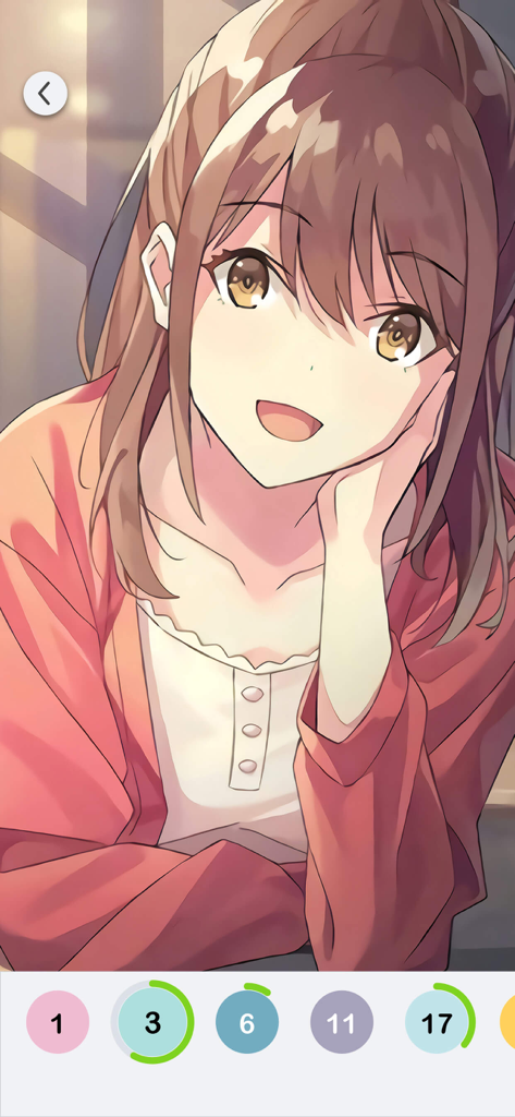 Anime Paint - Color By Number - Una chica de anime sonriente con pelo castaño en una interfaz de pintura digital de colorear por números