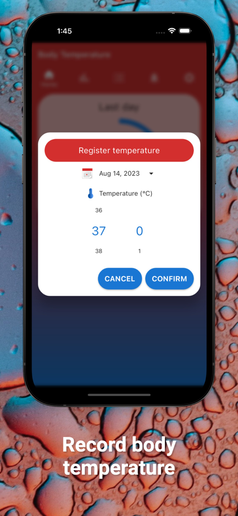 A mobile interface for registering body temperature with date selection and numeric input