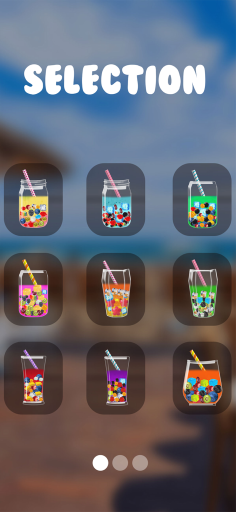 Boba DIY Game: Tasty Milk Tea - Pantalla de selección con nueve bebidas virtuales de té de burbujas coloridas con perlas de boba y frutas.