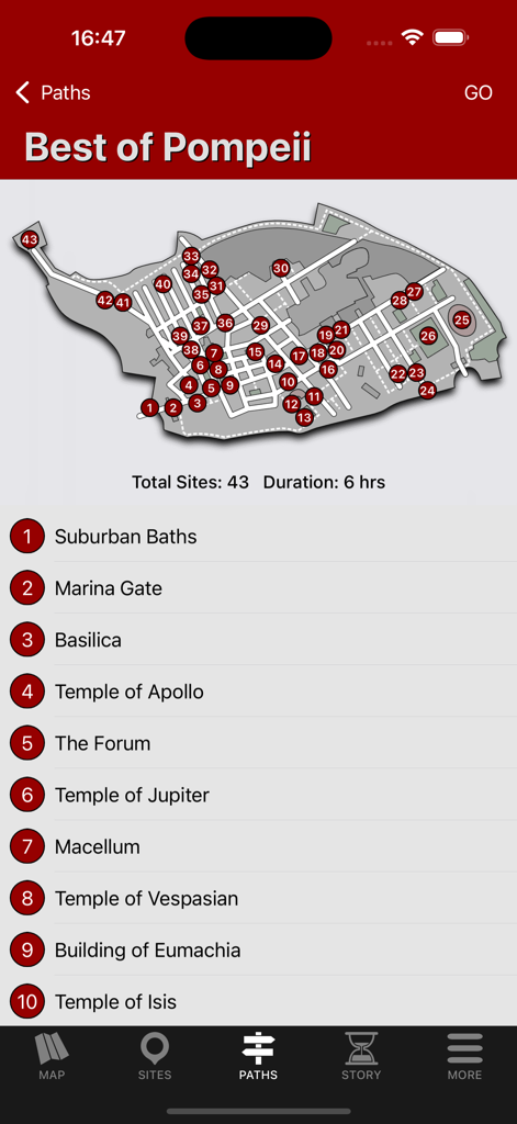 Una captura de pantalla de la aplicación Pompeii Tour que muestra la ruta del tour Lo Mejor de Pompeya con un mapa de sitios arqueológicos y una lista numerada que incluye la Basílica y el Templo de Apolo.