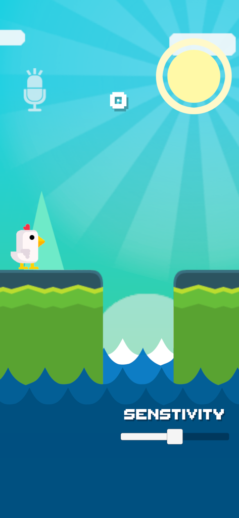 Scream Chicken Run gameplay screen showing the chicken character on a platform with microphone sensitivity settings