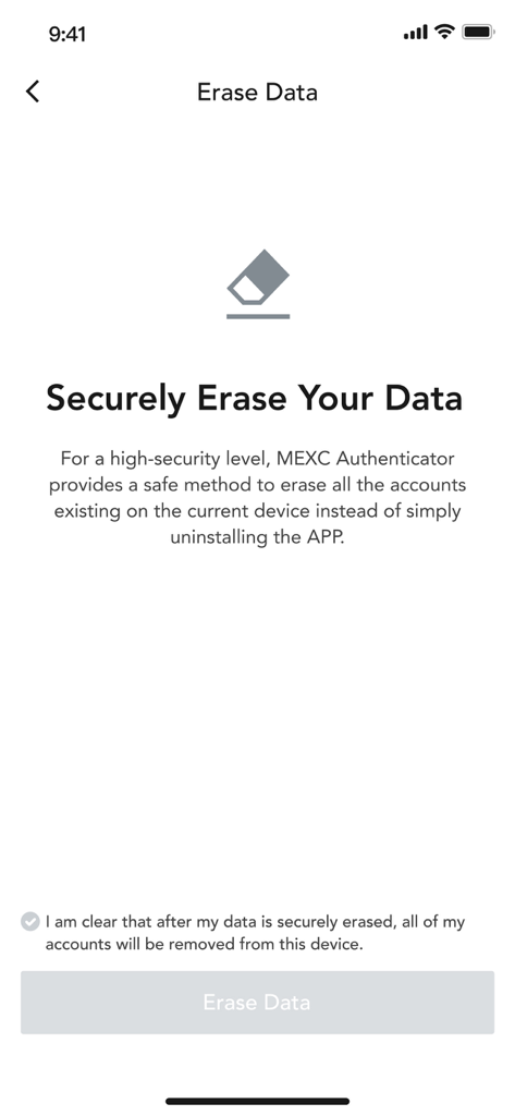 MEXC Authenticator 인터페이스는 앱 데이터 및 계정을 안전하게 삭제합니다.