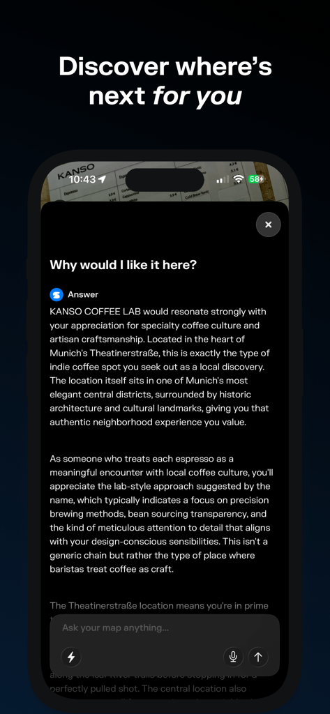 Recommandation personnalisée par IA pour un café local dans l'interface de l'application Superlocal.