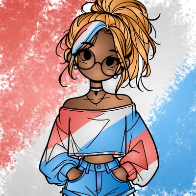 girl with a messy ponytail glasses a baggy crop top and jean shorts