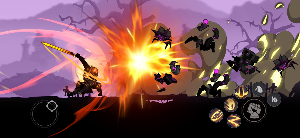 Stickman Master: Shadow Ninja - Stickman ninja performing a powerful sword attack with an explosion effect in a dark fantasy setting