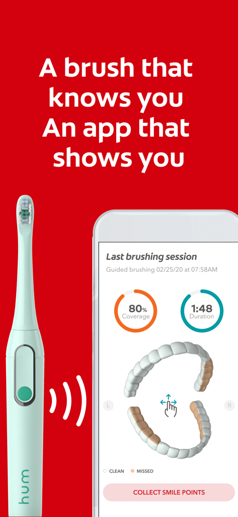 Colgate Connect - Colgate Connect App-Oberfläche, die die Putzabdeckung und -dauer zusammen mit einer Hum Smart Zahnbürste anzeigt