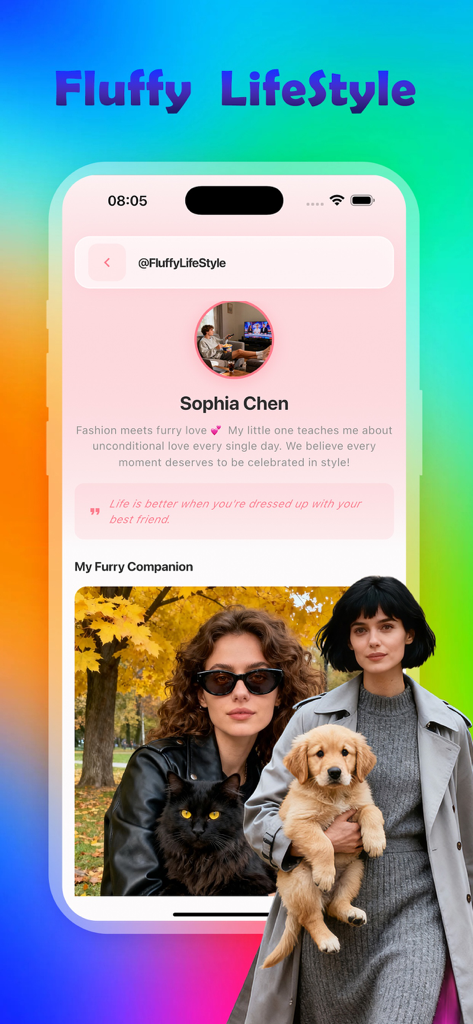 Leno：share happy life - Perfil de usuario de la aplicación Leno que muestra fotos de mascotas y un feed social para dueños de mascotas.
