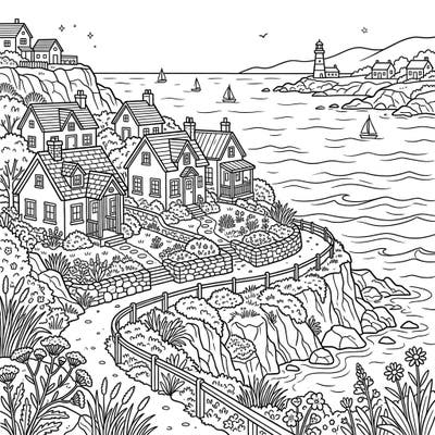 Escape to a charming seaside scene with this intricate coloring page featuring picturesque coastal cottages overlooking the serene ocean. Designed especially for teens, this template offers a delightful blend of architectural detail and natural beauty, inviting creative expression.