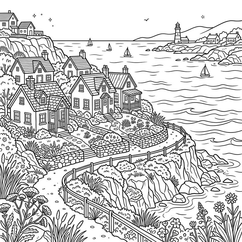 Escape to a charming seaside scene with this intricate coloring page featuring picturesque coastal cottages overlooking the serene ocean. Designed especially for teens, this template offers a delightful blend of architectural detail and natural beauty, inviting creative expression.