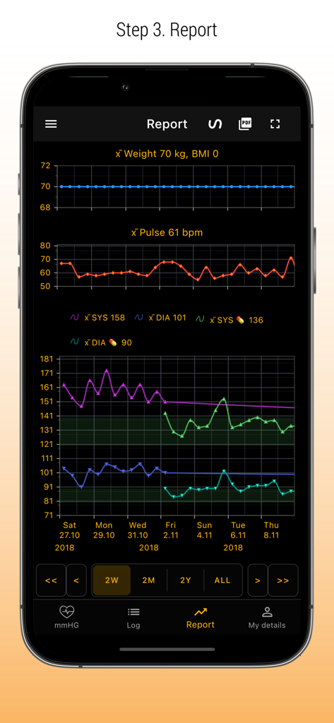 Écran de rapport de l'application Systolic présentant des graphiques pour le suivi de la tension artérielle, du pouls et du poids