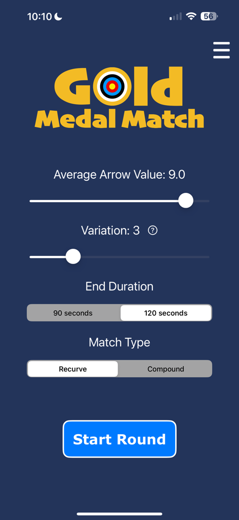 Gold Medal Match - Pantalla de configuración de un simulador de partidos de eliminación de tiro con arco que muestra el valor promedio de la flecha y las opciones de tipo de partido