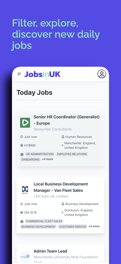 JobsInUK.app - Find Jobs in UK - JobsInUK app interface showing the daily jobs feed with UK employment opportunities