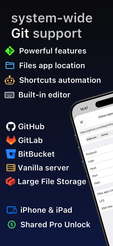 Git client - Working Copy - Funktionen des Working Copy Git-Clients für iOS, die die Integration mit GitHub, GitLab und Bitbucket zeigen