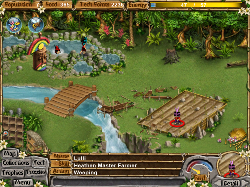 Virtual Villagers 5 - Lite - Gameplay screenshot of Virtual Villagers 5 Lite showing a village with a bridge and a weeping heathen master farmer