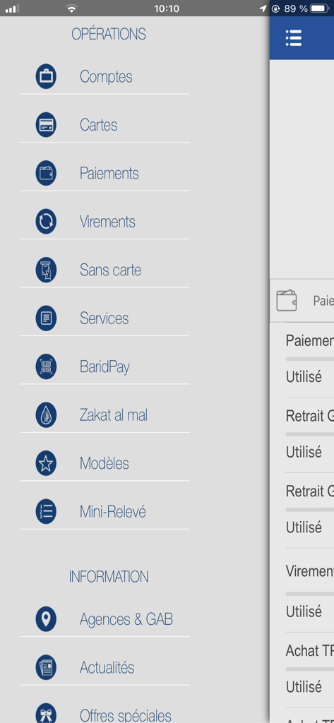 Main sidebar menu of the BaridiMob app showing banking operations and information categories in French
