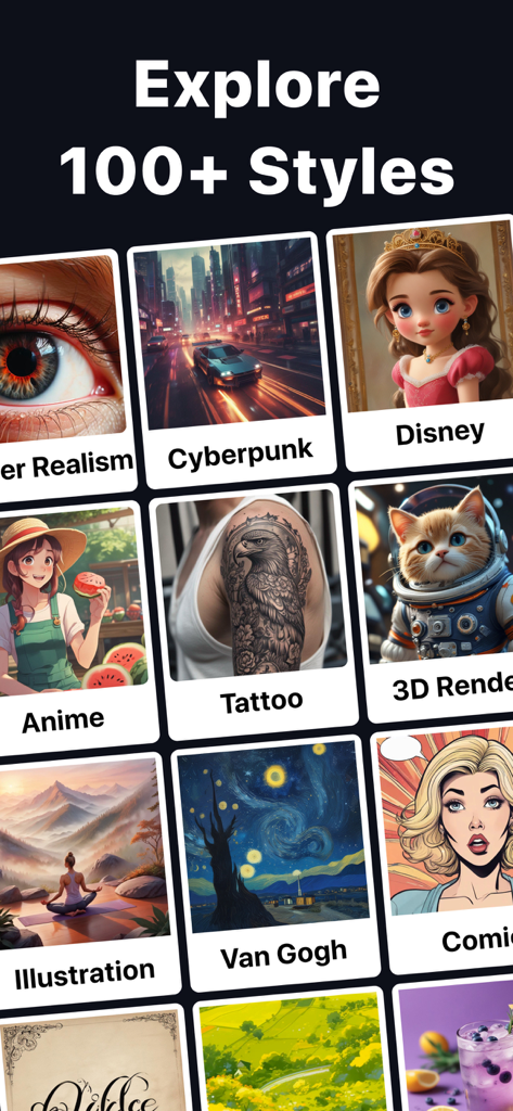 AI Photo Generator - AI Art - Eine mobile App-Oberfläche, die ein Raster verschiedener KI-Kunststile anzeigt, darunter Cyberpunk, Anime und Tattoo-Designs.