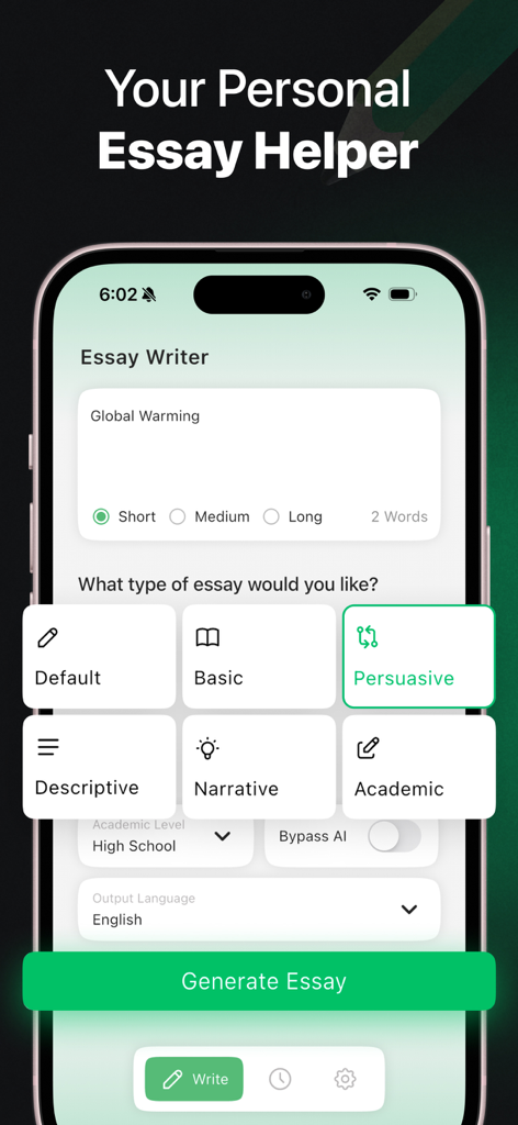 AI Essay Writer : Essay Helper - Interfaz de la aplicación AI Essay Writer mostrando opciones para seleccionar el tipo y la longitud del ensayo.