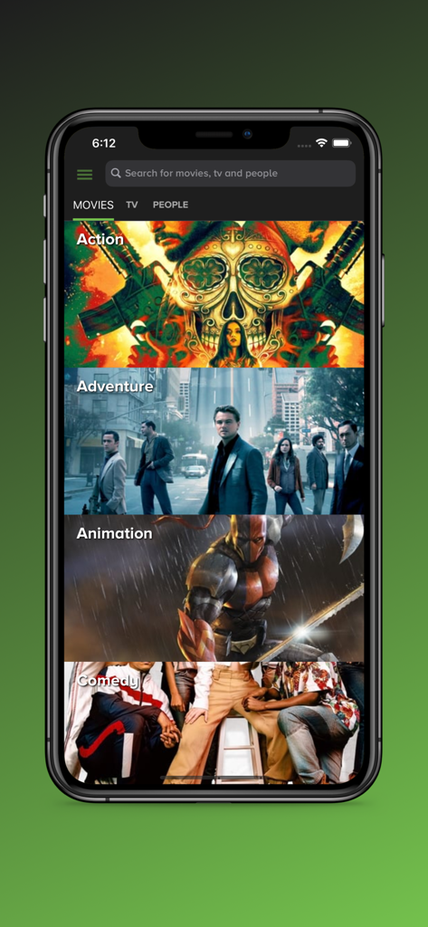 123Play - Interfaz de la aplicación móvil 123Play que muestra categorías de películas, incluyendo Acción, Aventura y Animación