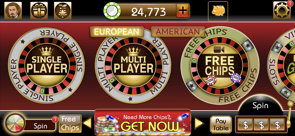 Roulette 3D Casino Style - Menu principal de l'application Roulette 3D Casino Style affichant les modes de jeu et les jetons gratuits.