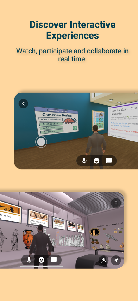 Metasteps - A 3D virtual classroom showing a natural history quiz and an ancient Greek museum gallery in the Metasteps app