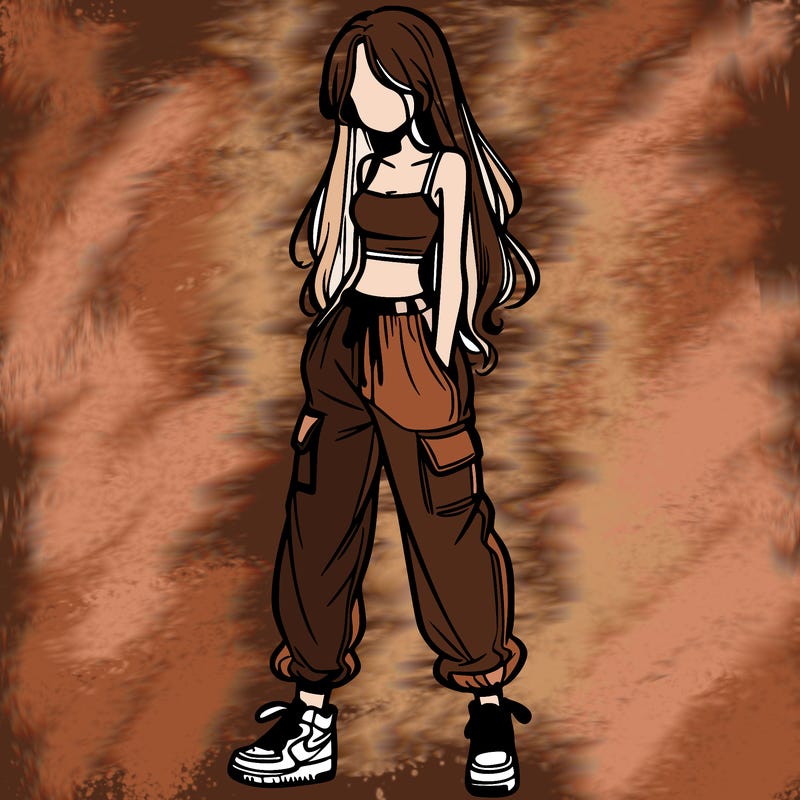 girl in baggy pants crop top and long hair