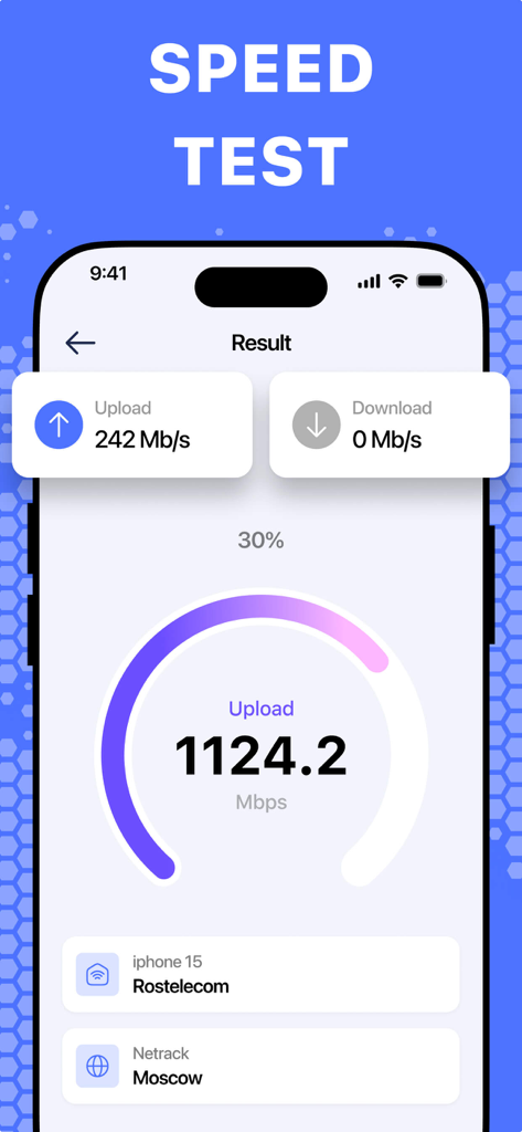 Schermata dell'app Secure VPN che mostra risultati di test di velocità di Internet ad alta velocità, inclusi caricamento e download, ping e dettagli di rete.