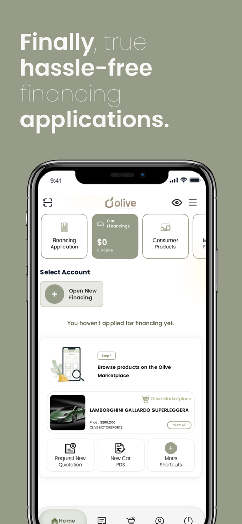 Olive Pro - Olive Pro app screen showing car financing options and marketplace