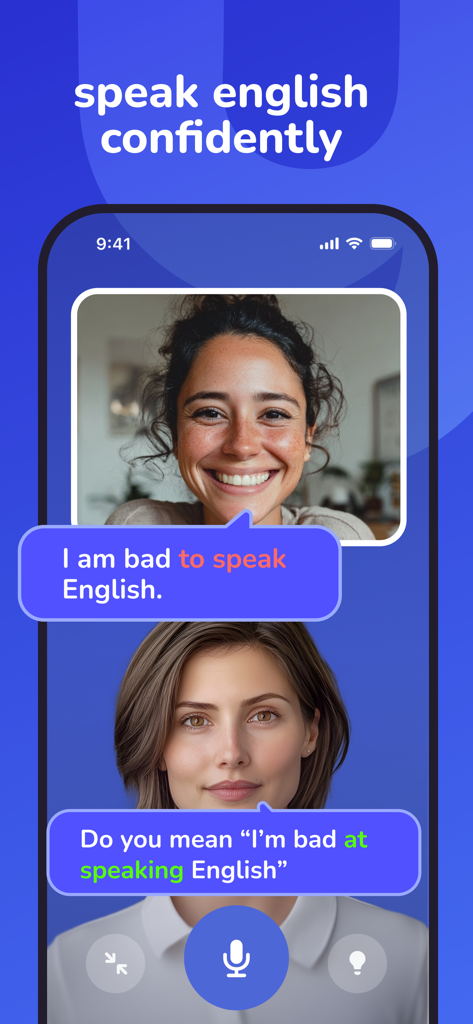 YayTalk: Learn & Speak English - Pantalla de smartphone mostrando un tutor de IA proporcionando corrección gramatical instantánea para la práctica de hablar inglés en la aplicación YayTalk