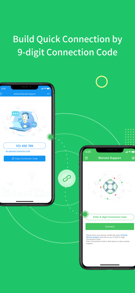 AirMirror - Remote Support - Interfaz que muestra dos teléfonos inteligentes conectándose para soporte remoto usando un código de 9 dígitos.
