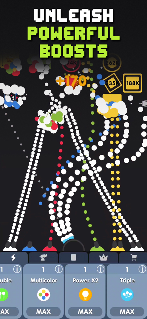 Gameplay of Idle Bubbles Cannon showing multiple cannons and power up boosts in action