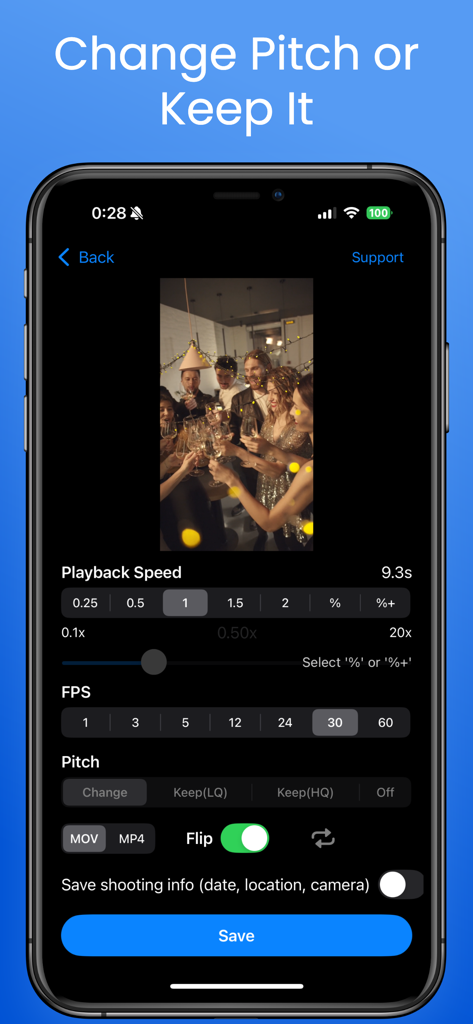 Easy Video Speed Editor app screen showing playback speed and audio pitch adjustment settings.