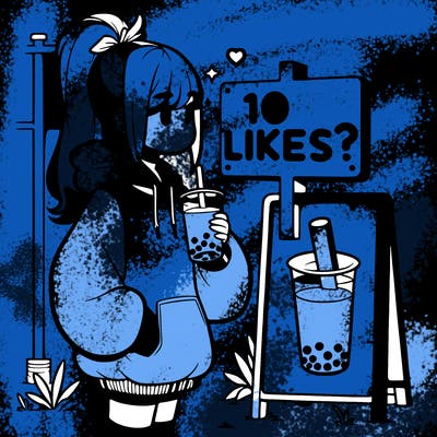 girl with oversized hoodie drinking boba and she has a high ponytail with a sign that says 10likes?