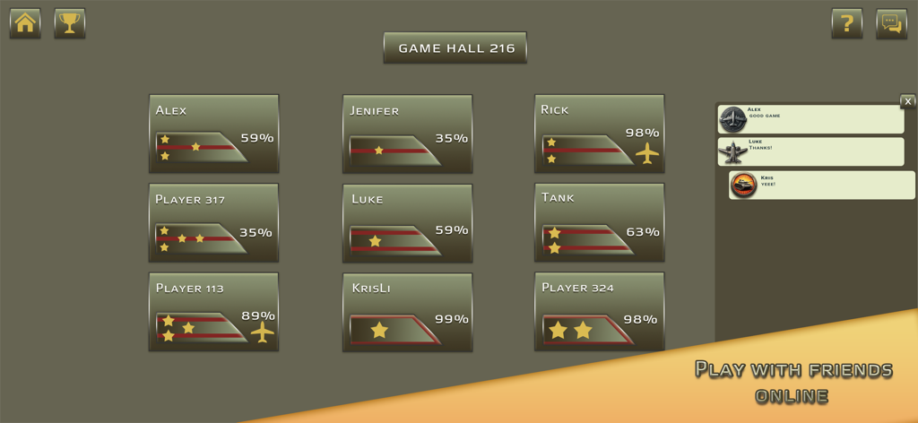 Lobby de la salle multijoueur dans Tank Wars Online montrant les statistiques des joueurs et l'interface de chat