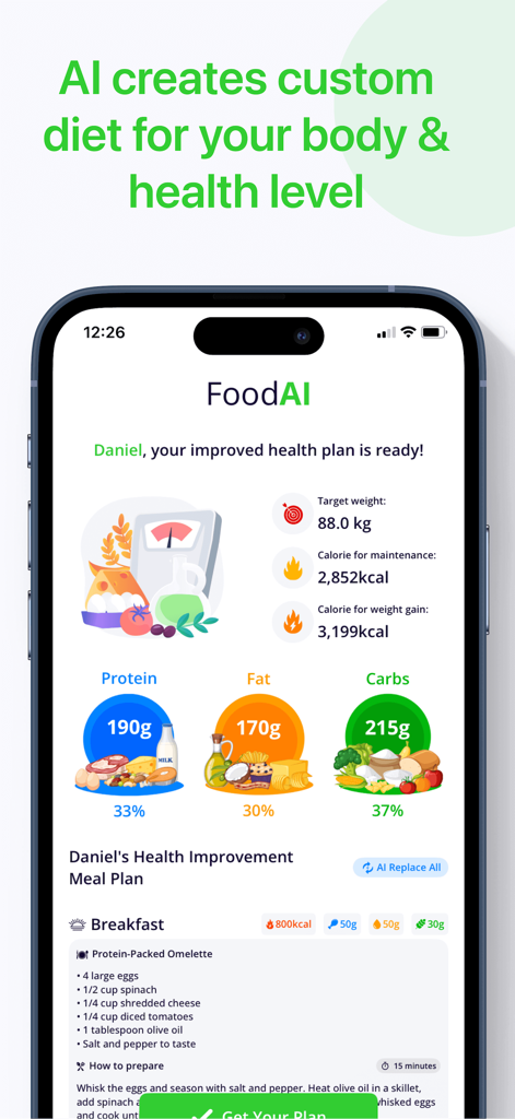 Calorie Tracker・Diet: Food AI - Une interface d'application mobile affichant un plan diététique personnalisé par IA avec des objectifs en macronutriments et une recette de petit-déjeuner.