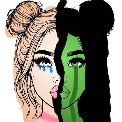 realistic girl with two buns on her hair and lips