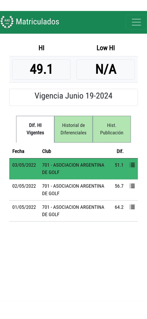 AAG Matriculados - Pantalla de la aplicación AAG Matriculados mostrando el índice de hándicap de golf y el historial de puntuaciones.