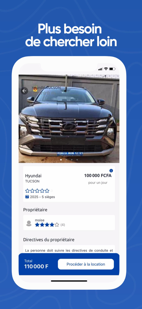 Screenshot dell'app Monbolide che mostra un'offerta di noleggio auto Hyundai Tucson con dettagli sul prezzo e un pulsante di noleggio
