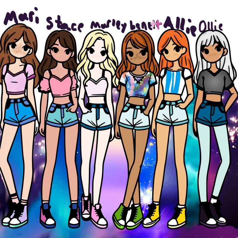 a group of girls wearing crop tops and shorts